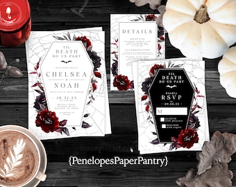 May include: A set of two printable wedding invitations with a gothic theme. The invitations feature a black and white cobweb design with red and black roses. The text on the invitations reads "Til Death Do Us Part" and includes the names Chelsea and Noah, the wedding date, and the location. The RSVP card includes a checkbox for accepting or declining the invitation.