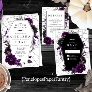 Elegant Gothic Halloween Wedding Invitation Personalized Casket Spider Webs Dark Purple Roses Custom Text Printed Invitations Envelopes