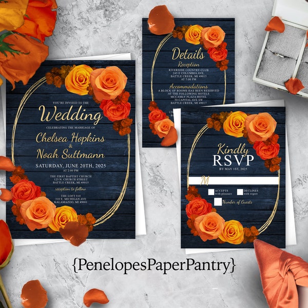 Rustic Navy Floral Fall Wedding Invitation,Floral Fall Wedding Invite,Navy Barn Wood,Orange Roses,Gold Print,Oval Frame,Shimmery Invitation