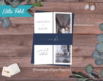 Versatile Gatefold Wedding Invitation Suite: Photo Options,Navy,Silver Foil, Custom Text, Printed