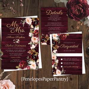 Elegant Rustic Burgundy Fall Wedding Invitation,Marsala,Blush,Roses,Burgundy Barn Wood,Gold Print,Shimmery,Personalize,Printed Invitation