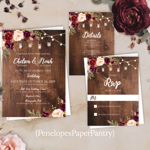 Rustic Floral Wedding Invitation,Floral Fall Wedding Invite,Barn Wood,Burgundy Roses,Mason Jar Lights,Personalized,Envelope Included,Printed