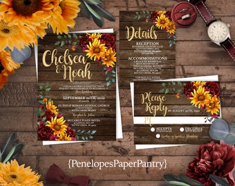 Sunflower Wedding Invitation,Sunflower Wedding Invites,Rustic Fall Wedding,Rustic Wood,Burgundy Roses,Gold,Calligraphy,Shimmery Invitation