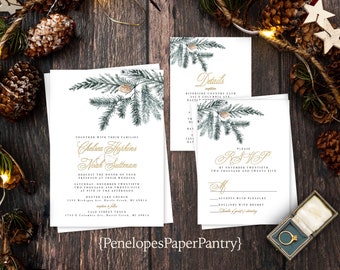 Elegant Rustic Winter Wedding Invitation,Rustic Winter Wedding Invite,Evergreen Branches,Pine Cone,Gold Calligraphy,Shimmery Invitation