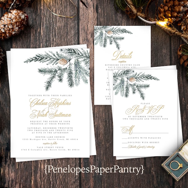 Elegant Rustic Winter Wedding Invitation,Rustic Winter Wedding Invite,Evergreen Branches,Pine Cone,Gold Calligraphy,Shimmery Invitation