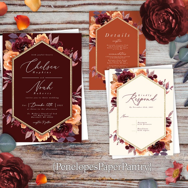 Burgundy Floral Fall Wedding Invitation,Floral Fall Wedding Invite,Geometric Frame,Burnt Orange,Calligraphy,Gold Print,Shimmery Invitation