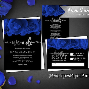 Elegant Royal Blue Rose Wedding Invitation Personalized Silver Foil Calligraphy We Do Cobalt Blue Printed Invitations Envelope Included Chic
