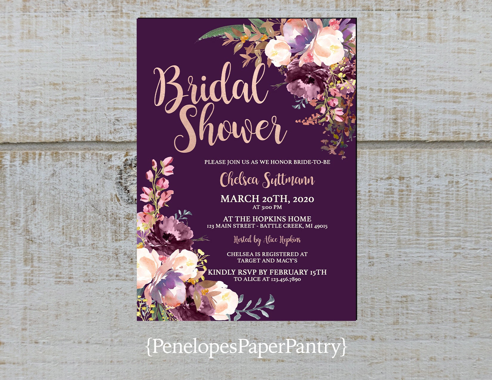 Any Custom Text For Any occasion Wedding Invites Cadbury Purple /& White Watercolour Floral Personalised Wedding Invitations With Envelopes
