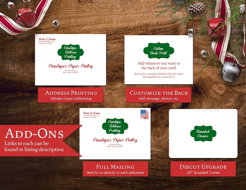 May include: White cards with green and red text, showcasing options for address printing, custom back printing, full mailing, and rounded corners. The cards are displayed on a wooden surface with holiday decorations.