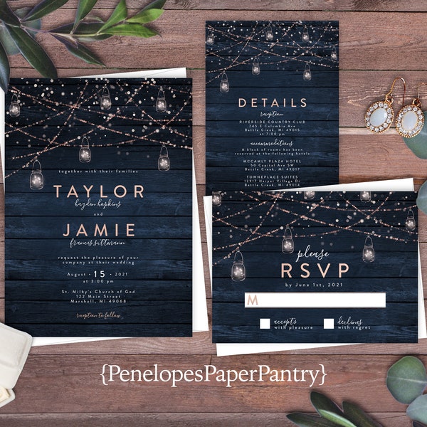 Rustic Navy and Pink Summer Wedding Invitation,Navy and Pink Summer Wedding Invite,Rustic Navy Wood,Mason Jar Fairy Lights,Shimmery Invite