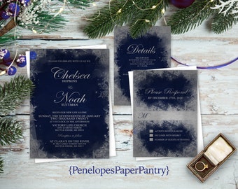 Navy and Silver Winter Wedding Invitation,Navy,Silver,Wedding Invite,Calligraphy,Silver Snowflakes,Shimmery Invitation,Envelopes Included