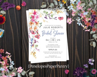Wildflower Bridal Shower Invitation, Summer Garden Theme, Personalized (Printed)