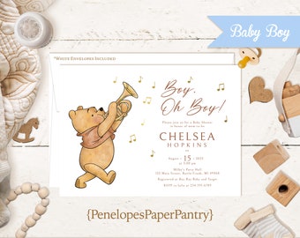 Baby Boy Winnie The Pooh Baby Shower Invitation Musical Playing Trumpet Musical Note Gold Foil Calligraphy Personalize Printed Card Envelope