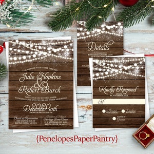 Elegant Rustic Winter Wedding Invitation,Glowing Fairy Lights,Snowflakes,Barn Wood,Romantic,Rustic,Custom,Printed Invitation,Wedding Set image 1