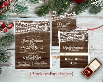 Rustic Winter Wedding Invitation,Rustic Winter Wedding Invite,Rustic Barn Wood,Calligraphy,Twinkling Fairy Light,Snowflake,Envelope Included