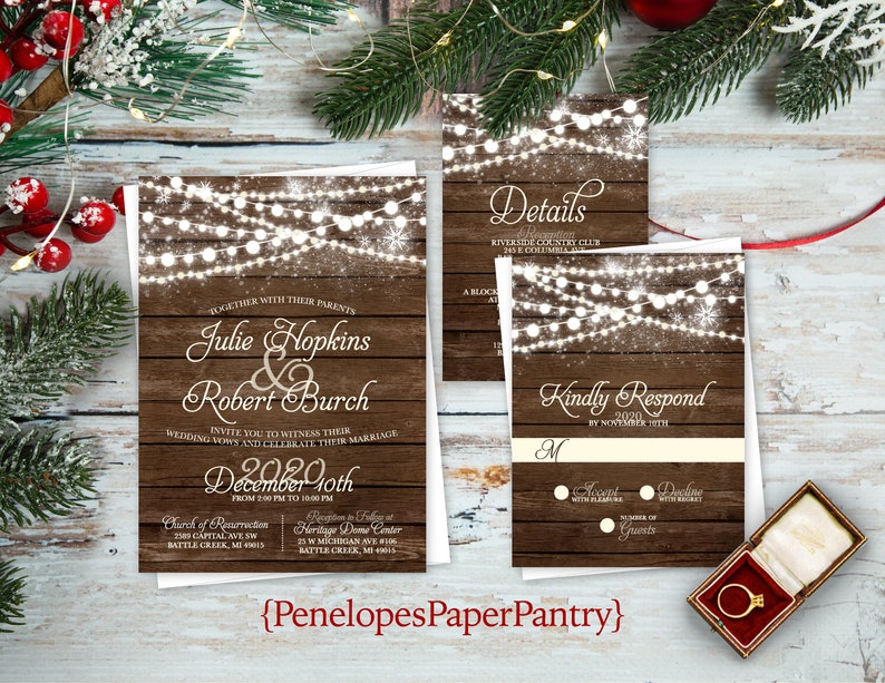 Elegant Rustic Winter Wedding Invitation,Glowing Fairy Lights,Snowflakes,Barn Wood,Romantic,Rustic,Custom,Printed Invitation,Wedding Set image 1