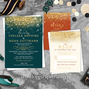 Bling Teal Fall Wedding Invitation,Fall Wedding Invite,Burnt Orange,Ivory,Gold Glitter Print,Shimmery,Personalize,Printed Invitation