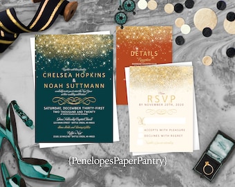 Bling Teal Fall Wedding Invitation,Fall Wedding Invite,Burnt Orange,Ivory,Gold Glitter Print,Shimmery,Personalize,Printed Invitation