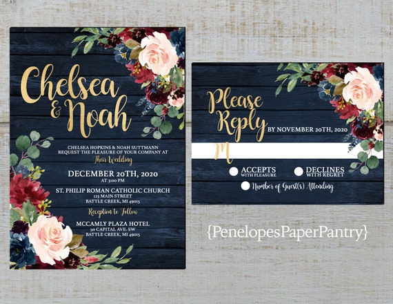 Rustic Fall Wedding Invitation,White Pumpkins,Burgundy Roses,Fairy Lights,Burgundy Barn Wood,Gold Print,Shimmery,Printed Invitation,Envelope