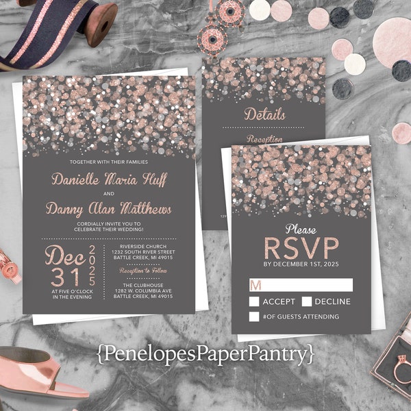 Gray and Pink Wedding Invitation,Gray and Pink Wedding Invite,Gray,Pink,Rosegold,Silver,Calligraphy,Shimmer Invitation,Summer Wedding Invite