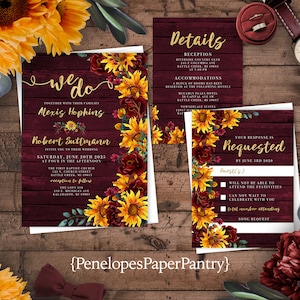 Rustic Sunflower Fall Wedding Invitation,Sunflower Wedding Invite,Sunflowers,Burgundy Wood,Gold Print,Shimmery Invitation,Envelope Included