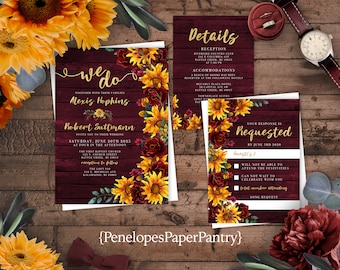 May include: Wedding invitation suite with a burgundy woodgrain background and sunflower and burgundy floral accents. The invitation reads "We Do" with the couple's names and wedding date. The RSVP card includes a sunflower and burgundy floral design and asks guests to RSVP by June 3rd, 2010.