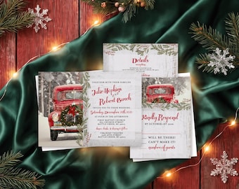 May include: A wedding invitation suite featuring a red vintage truck with a wreath, white wood grain background, and red script text. The set includes a main invitation for Julie Hopkins and Robert Burch, a details card, and a response card.