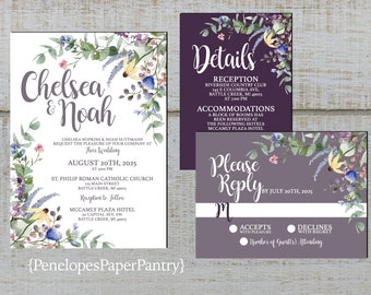 Printed Purple Wildflower Summer Wedding Invitation,Dusty Purple,Dark Purple,Sage,Calligraphy,Wedding Set,Wedding Suite,Personalize,Envelope