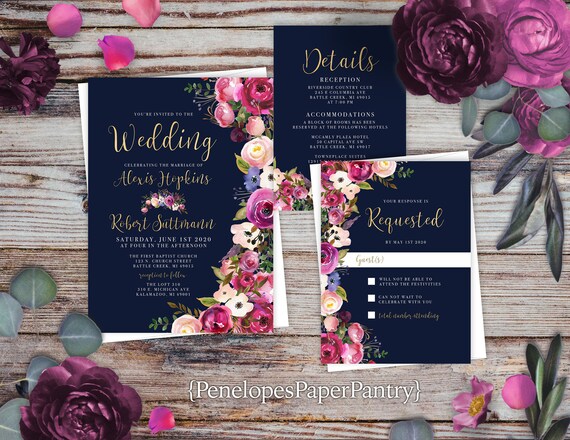 Floral Summer Wedding Invitation Suite: Navy Blue, Magenta, Personalized and Printed with Envelopes