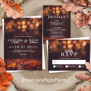 Romantic Burnt Orange Fall Wedding Invitation Personalized Glowing Bubble Lights Autumn Leaves Shimmery Printed Invitation Envelope Included