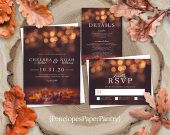 Romantic Burnt Orange Fall Wedding Invitation Personalized Glowing Bubble Lights Autumn Leaves Custom Text Printed Invitation With Envelopes