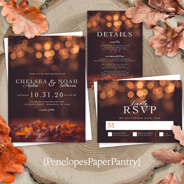 Romantic Fall Wedding Invitation,Fall Leaves,Glowing Lights,Bubble Lights,Shimmery,Personalize,Printed Invitation,Wedding Set,Envelope