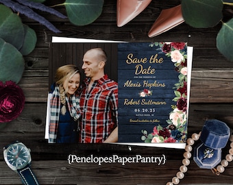 Photo Save The Date,Rustic Save The Date,Photo Save The Dates,Barn Wood,Gold Print,Burgundy Roses,Blush Roses,Navy Blue,Personalize,Envelope