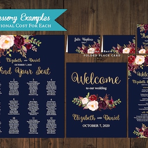 Romantic Navy Fall Wedding Invitation,Navy Blue,Burgundy,Marsala,Blush,Roses,Gold Print,Shimmery,Elegant,Printed Invitation,Wedding Set image 3