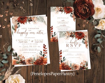 Elegant Floral Fall Wedding Invitation: Happy Ever After Terracotta Burnt Orange Personalized and Printed
