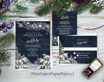 Rustic Winter Wedding Invitation,Snow,Evergreen Trees,Pine Trees,Snowflakes,Navy Barn Wood,Shimmery,Personalize,Printed Invitation,Envelope