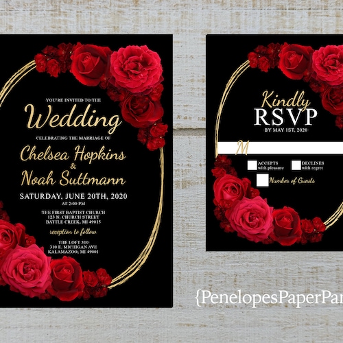 50 Personalized Red Black Rose Swirl Bridal Wedding Invitations Set RSVP Cards 