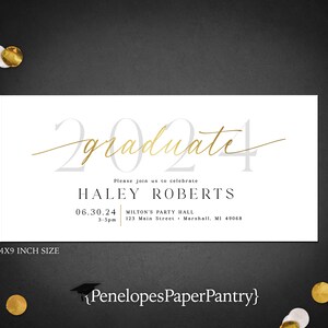 Gold Foil Graduation Party Invitation,Announcement,Commencement,Class of 2024,Unisex,High School,College,Personalize,Printed Card,Envelope 4x9 inches