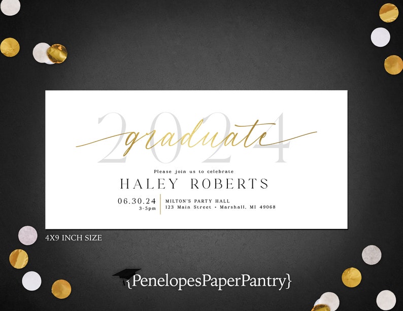 Gold Foil Graduation Party Invitation,Announcement,Commencement,Class of 2024,Unisex,High School,College,Personalize,Printed Card,Envelope 4x9 inches
