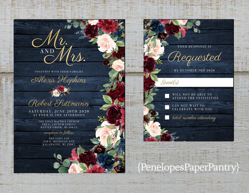 Rustic Navy Floral Fall Wedding Invitation,Mr and Mrs,Burgundy,Blush,Navy Blue,Roses,Barn Wood,Gold Print,Shimmery,Printed Invitation,Custom