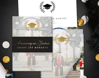 May include: A graduation announcement set featuring a white envelope with a black graduation cap icon, a translucent vellum overlay with gold foil laurel and cap graphics, and a black belly band with the text Announcing our Graduate.