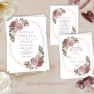 Printed Mauve Floral Summer Wedding Invitation,Set,Mauve Roses,Dusty Rose,Geometric Frame,Rose Gold Print,Shimmery,Personalize,Envelope