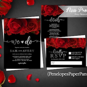 Elegant Red Rose Silver Foil Wedding Invitation,Red Roses,Black,Silver Calligraphy,Chic,Personalize,Printed Invitation,Wedding Set,Envelope