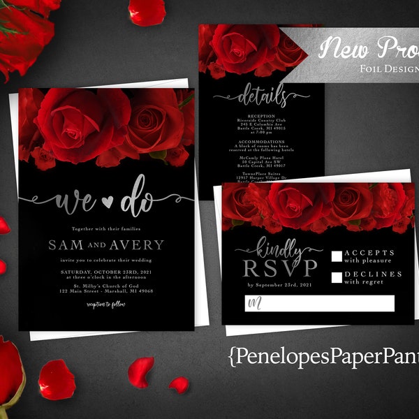 Elegant Red Rose Silver Foil Wedding Invitation,Red Roses,Black,Silver Calligraphy,Chic,Personalize,Printed Invitation,Wedding Set,Envelope