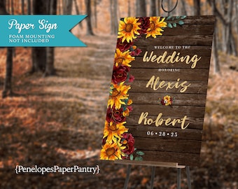 Sunflower Wedding Welcome Sign: Rustic, Barn Wood, Burgundy Roses, Multiple Sizes, Personalized, Printed