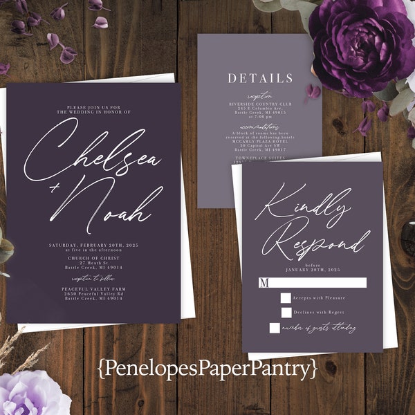 Shade of Purple Wedding Invitation,Summer Wedding Invite,Personalized,Dusty Purple,Lavender,Calligraphy,Printed Invitation,Envelope Included