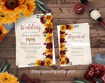 Rustic Sunflower Fall Wedding Invitation,Sunflowers,Burgundy Roses,Greenery,Parchment,Shabby Chic,Printed Invitation,Wedding Set