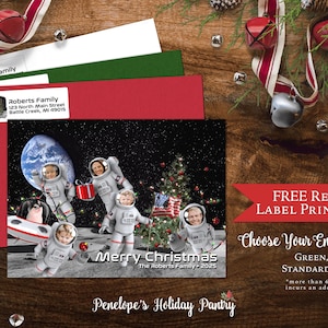 Carte photo de famille Noël drôle dans l'espace, astronautes personnalisées, vaisseau spatial lune, texte personnalisé, cartes imprimées avec enveloppes, étiquettes d'adresse