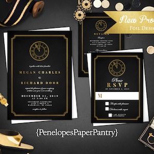 Elegant Gold Foil New Year's Eve Wedding Invitation,Black,Gold,Gold Clock,Midnight,Personalize,Printed Invitation,Wedding Set,Envelope