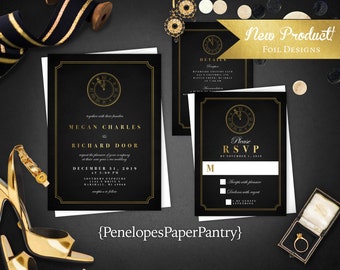 Elegant Gold Foil New Year's Eve Wedding Invitation,Black,Gold,Gold Clock,Midnight,Personalize,Printed Invitation,Wedding Set,Envelope